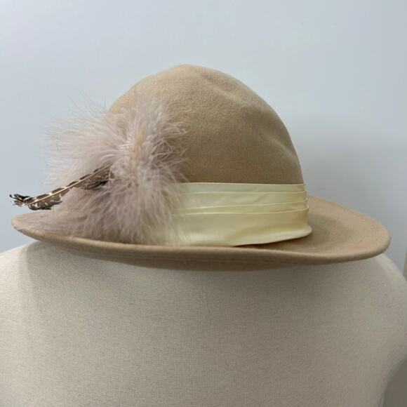 Doeskin Geo W Bollman & Co Felt Wool Hat Made in USA Vintage Beige Feather main image 6
